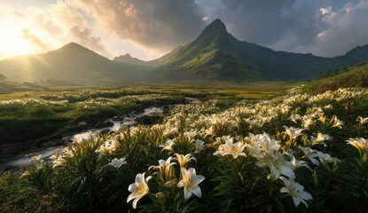 Lush valley with white lilies and mountains