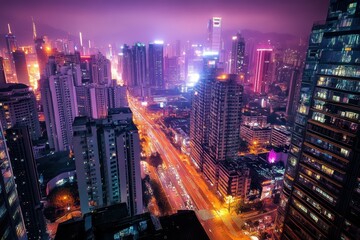 Obraz premium Vibrant city skyline illuminated at night with traffic flowing through the streets