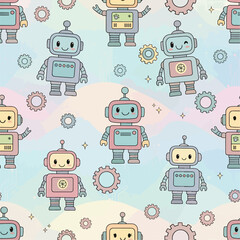 Adorable repeating pattern featuring cute cartoon robots and gears on a pastel colored background, patern seamless, royalty stock.