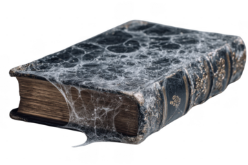 An old, thick book covered in intricate spider webs, showing aged pages and a dark, worn leather cover with embossed designs.