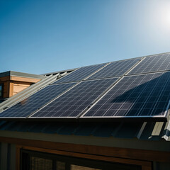 Fototapeta premium Modern house roof with photovoltaic solar panels under bright sunlight 