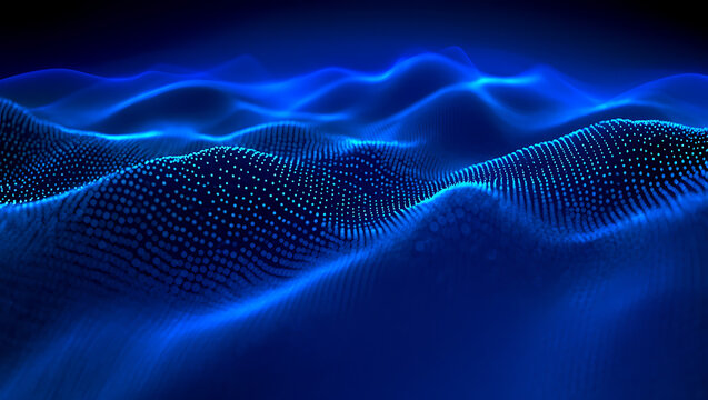 Abstract shimmering blue digital landscape with glowing particles creating a futuristic and technological ocean wave effect visualizing data flow and network connections - Powered by Adobe