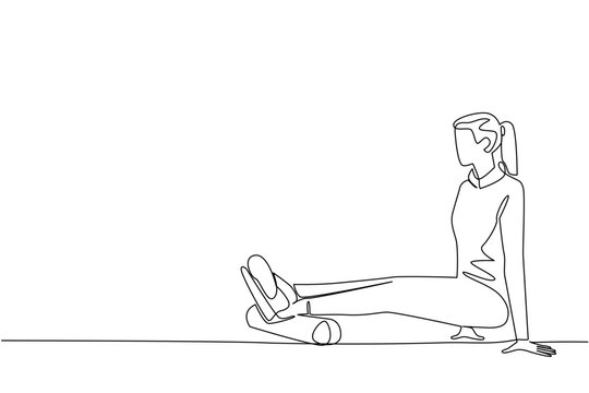 Single continuous line drawing a woman exercising using a foam roller. Sprain. Minor ankle injury. Recovery. Restore joint strength. National Foam Rolling Day. One line design vector illustration