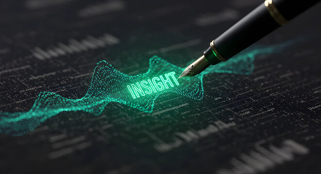 「INSIGHT」のネオンが輝くデータ分析のイメージ。混沌とした情報から本質的な洞察を得るビジネスコンセプト。
