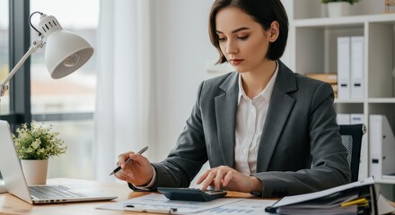 Woman in suit calculates at desk with laptop and lamp in office.