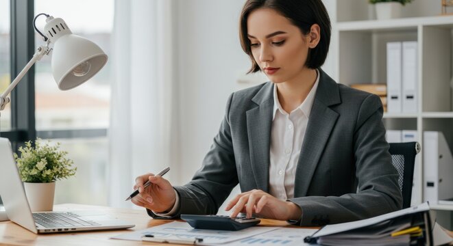 Woman in suit calculates at desk with laptop and lamp in office.