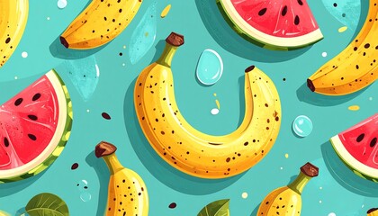 A vibrant pattern of sliced watermelons and bananas, set against a teal background, showcases a summery and refreshing design.