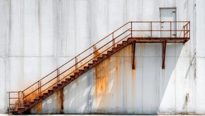 Rusted metal stairs against a white wall