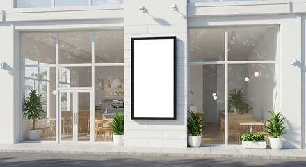 Vertical digital billboard mockup mounted on the facade of a clean, minimalist retail shop