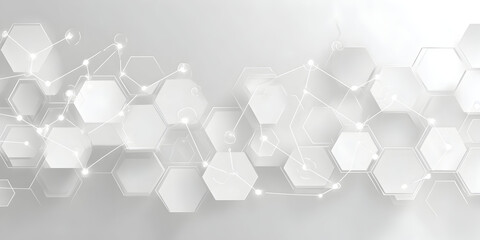 Hexagonal network connects on a light gray surface representing modern technology and scientific innovation, creating a clean and futuristic aesthetic.