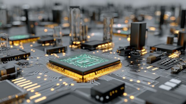 Circuit board with central processor, cityscape background