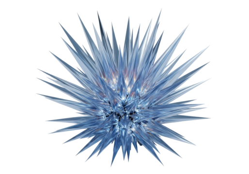 Abstract iridescent bio-engineered crystalline flora with glowing blue-silver blades on a transparent studio background with copy space, clean high-tech concept