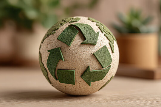 Minimal eco symbol with earth globe and green recycling arrows on rustic surface