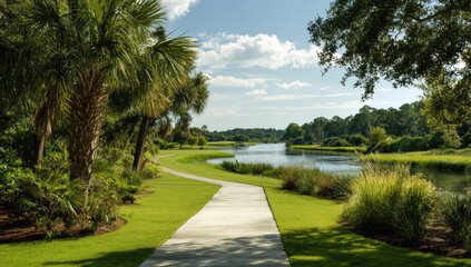 Tranquil walkway beside a scenic lake, bordered by lush greenery and palm trees.  Sunny day with a partly cloudy sky