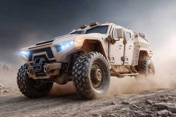 Obraz premium Glossy 3d rendering of a military armored vehicle on a dusty road