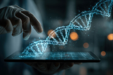 Biotech scientist examining holographic dna strands on tablet in futuristic lab