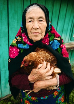 Senior woman holding chicken in front of barn
