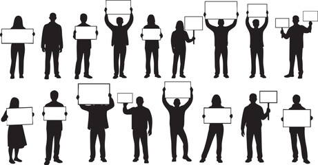 Collection of diverse silhouettes of men and women holding blank signs, ideal for protests, demonstrations, or announcements.