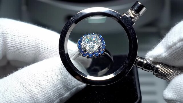 Expert gemologist using a loupe for precise inspection and appraisal of a luxurious diamond and blue sapphire halo ring