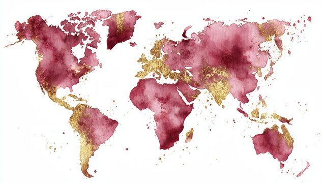 A burgundy and gold watercolor world map