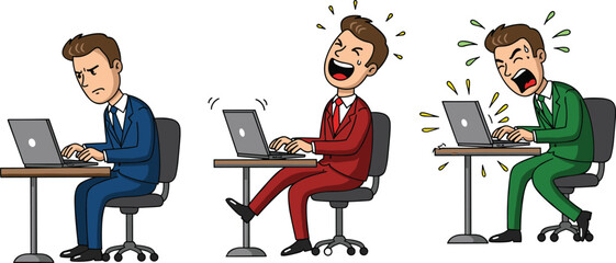 Cartoon businessman characters at office desk working on laptop with stress, happiness, and frustration emotions, corporate workplace illustration design vectorCartoon businessman characters 