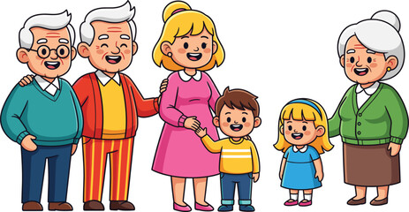 Cartoon happy family with grandparents, parents, children, smiling together, multi-generational relatives standing, colorful clothes, isolated vector illustration for concept designCartoon 
