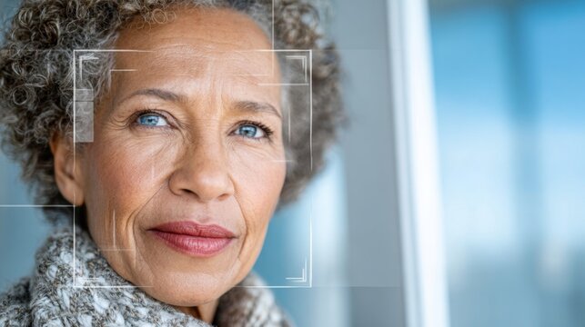 Elderly woman with curly hair and blue eyes, showcasing algorithmic portrait with biometric data visual elements and coded personality concept