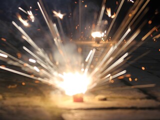 A striking close-up of a firework exploding with great force. The image captures the moment of a brilliant, star-like burst of sparks shooting out in all directions from a central point. The sparks cr