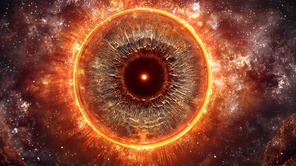 A surreal cosmic eye with a fiery iris and glowing pupil floats in a vibrant nebula, surrounded by countless stars and interstellar gas clouds. - Powered by Adobe