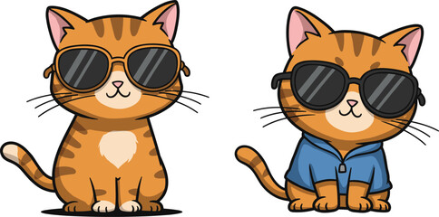 Cool cartoon cat wearing sunglasses and stylish shirt, funny hipster kitten illustration, fashionable pet character design, cute trendy feline vectorCool 