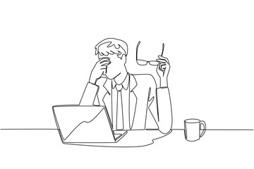 Continuous one line drawing businessman sits while taking off glasses and rubbing his eyes. A programmer who feels very tired. Chronic Fatigue Syndrome Day. Single line draw design vector illustration