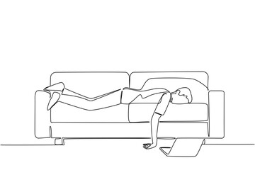 Single continuous line drawing man sleeping face down on the couch with his laptop open. The result of bringing work home. Too tired. Chronic Fatigue Syndrome Day. One line design vector illustration