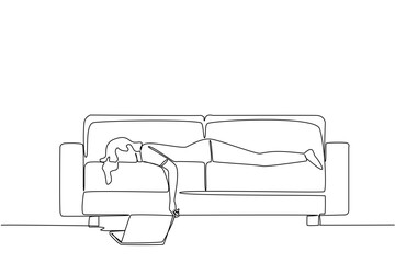 Single one line drawing a woman sleeping face down on the couch with her laptop open. Tiring online meeting. Fast asleep. Chronic Fatigue Syndrome Day. Continuous line design graphic illustration © Simple Line