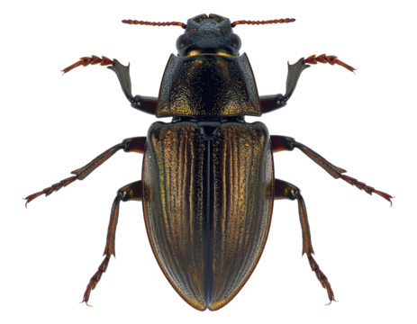 Ground beetle top view with metallic ridged elytra, long antennae and detailed legs on isolated background