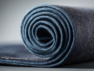 Naklejka premium Close-up of a neatly rolled dark blue denim fabric showcasing textured weave and stitching detail