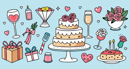 Wedding cake with champagne cartoon, marriage celebration cake illustration, bridal party dessert vector, wedding cake with drinks clipart, festive marriage cake art, decorated cake cartoon design, we