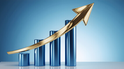 Golden arrow soaring above blue columns, depicting growth and success in business venture