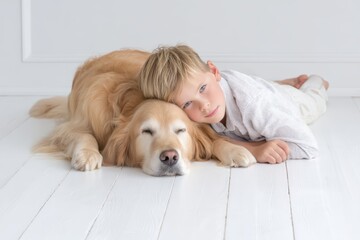 Child and golden retriever bond in cozy indoor setting on wooden floor, capturing gentle relaxed friendship moment