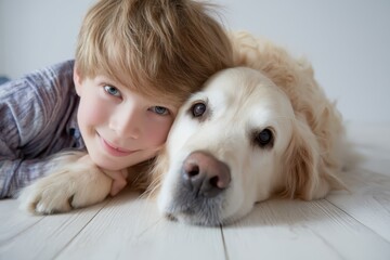 Child and golden retriever bond in cozy indoor setting on wooden floor, capturing gentle relaxed friendship moment