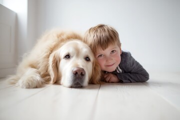 Child and golden retriever bond in cozy indoor setting on wooden floor, capturing gentle relaxed friendship moment