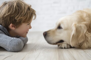 Child and Golden Retriever share warm gaze in cozy indoor setting with wooden floor and soft lighting. Capturing genuine moment of child-dog bond through peaceful interaction.
