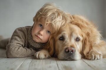 Child and golden retriever bond in cozy indoor setting on wooden floor, capturing gentle relaxed friendship moment