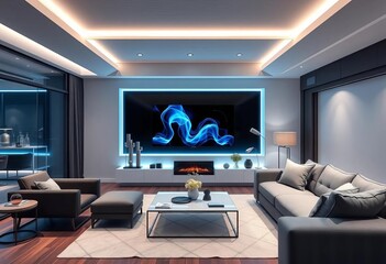 Sleek modern living room with AI-controlled smart home devices,  home control,  app control