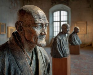 Naklejka premium Bronze Busts Displayed In Museum Room