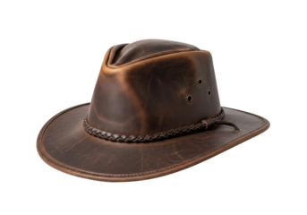 A worn dark brown leather adventurer's hat with braided strap, isolated on a transparent studio background with copy space, concept of adventure and exploration