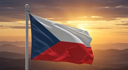 Illustration of the Czech Republic flag waving at sunset over layered hills and a glowing sky - Powered by Adobe