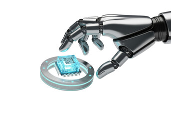 Fototapeta premium Futuristic polished silver robotic hand holding glowing electric-blue data chip, pulsing holographic ring, against seamless transparent studio background, high-tech innovation concept
