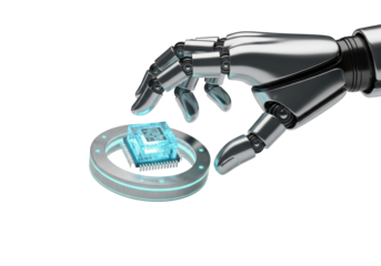 Futuristic polished silver robotic hand holding glowing electric-blue data chip, pulsing holographic ring, against seamless transparent studio background, high-tech innovation concept