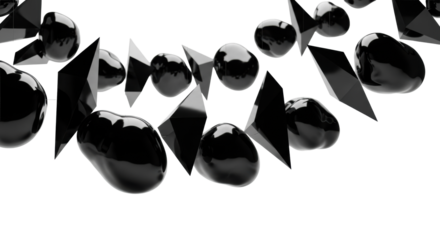 Smooth, highly reflective obsidian-black synthetic fragments and angular geometric forms, futuristic biomorphic design, suspended in a transparent studio with copy space, high-tech minimalist concept