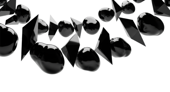 Smooth, highly reflective obsidian-black synthetic fragments and angular geometric forms, futuristic biomorphic design, suspended in a transparent studio with copy space, high-tech minimalist concept